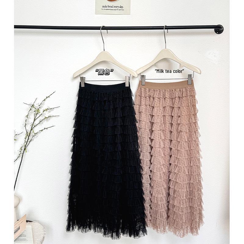 Polka Dot Mesh Fairy Fluffy Long Skirt - 2026 Spring/Summer High Waist A-line Layered Skirt for Women