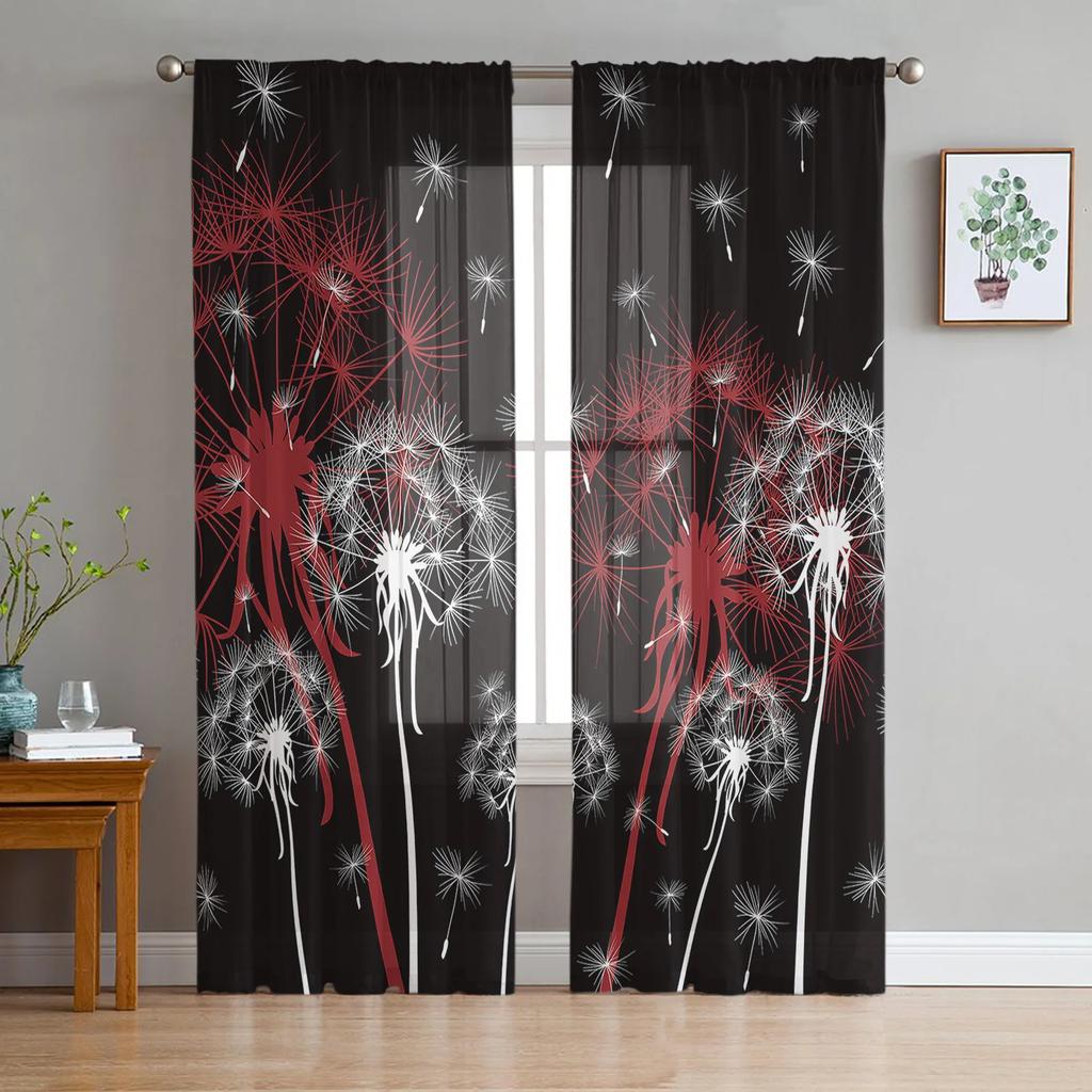 Black And White Dandelion Plant Sheer Curtains for Living Room Decoration Window Curtain Kitchen Tulle Voile Organza Drapes