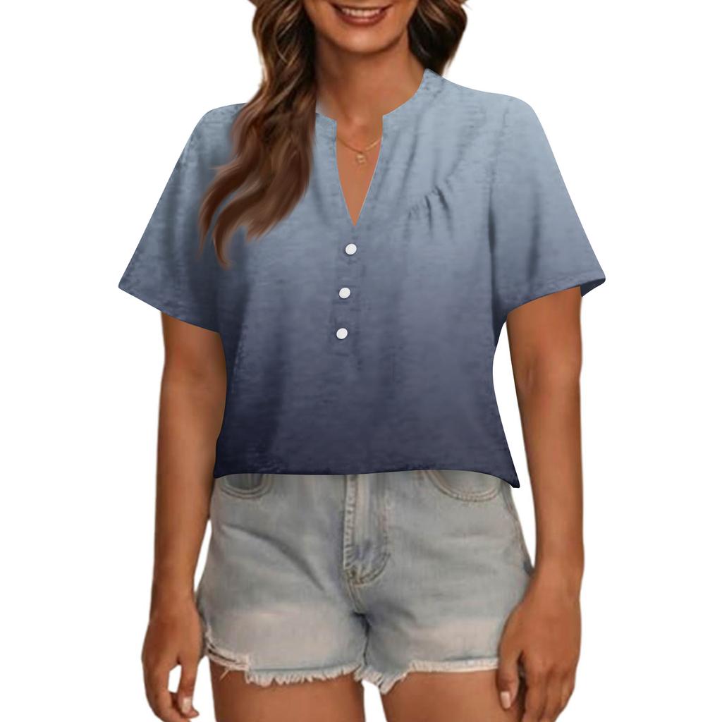 Women's Fashionable Casual V Neck Button Up Oversized Short Sleeve Printed Top