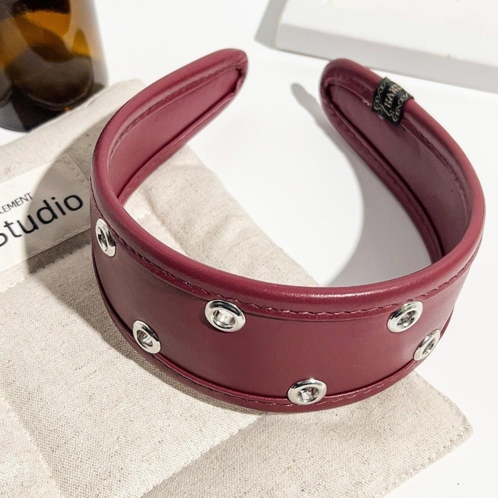 Punk Leather Headband Black and Red Wide Metal Rivets Headwear Versatile Hair Accessory Hollow Ring Hair Hoop Travel Shopping