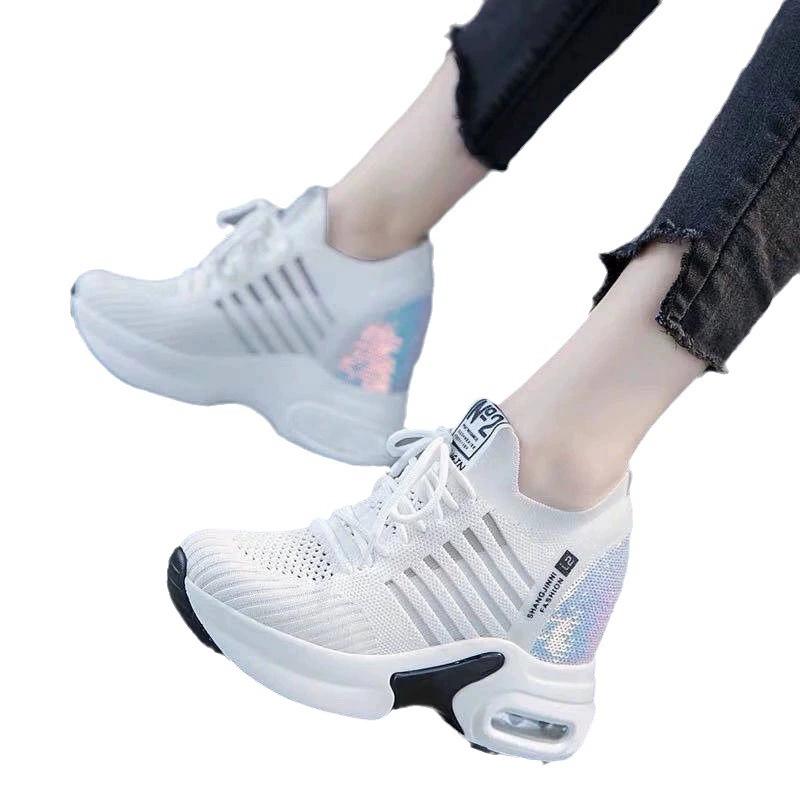 Spring and Summer Mesh Height Increasing White Shoes for Women, Breathable Casual Sports Shoes