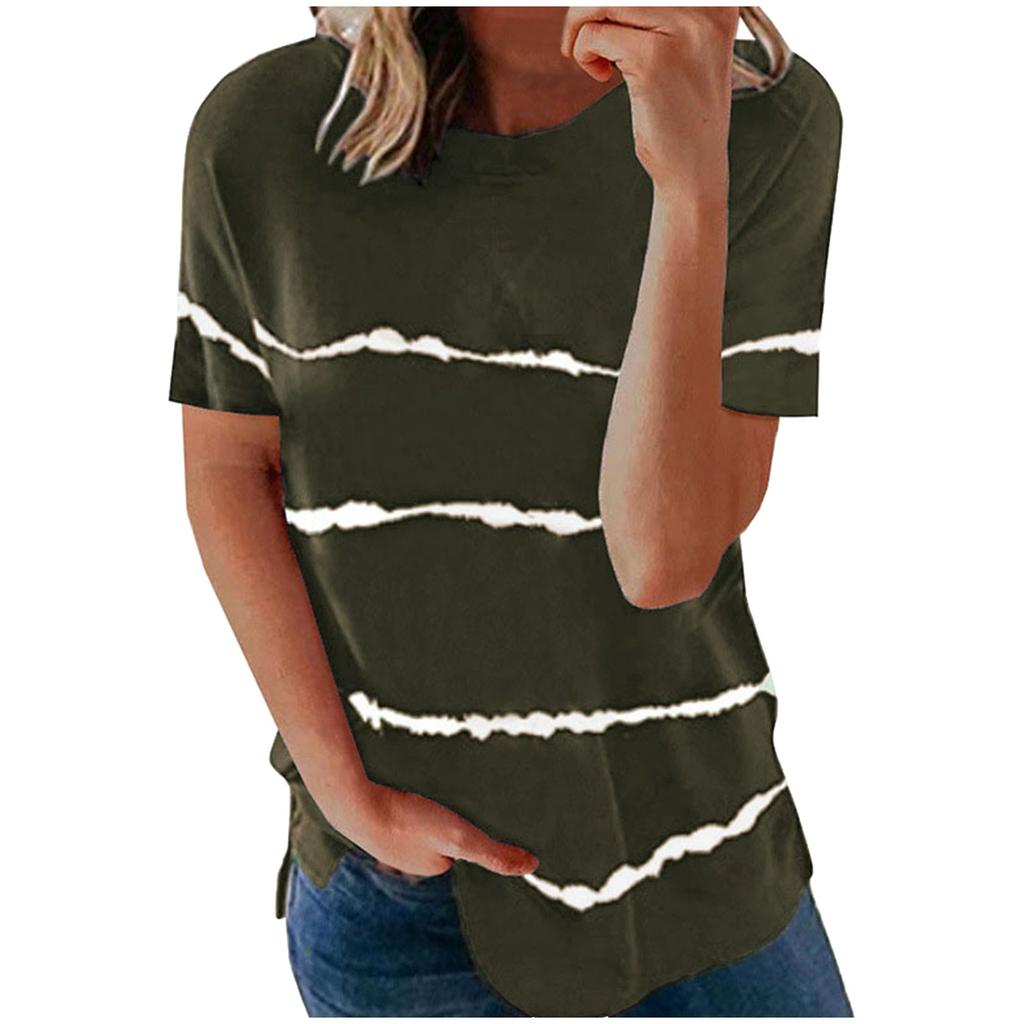 Fashion Women's Loose Short Sleeve T-shirt Round Neck Stripe Print Tops