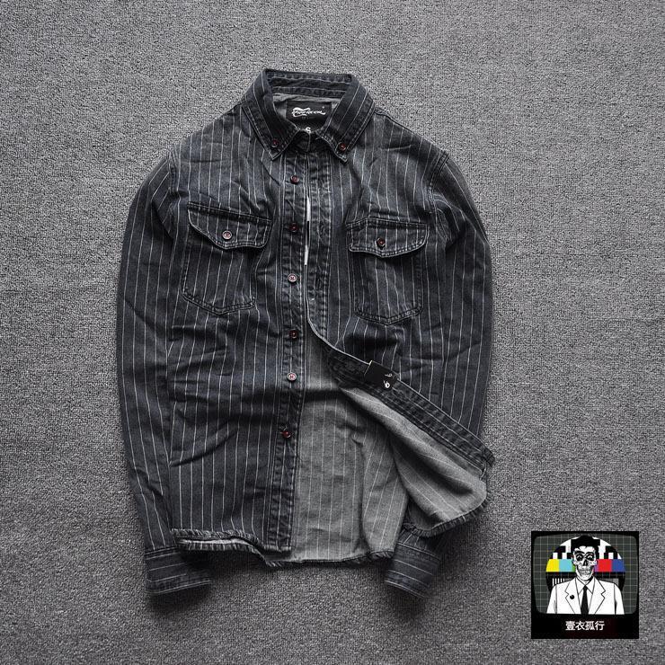 Retro Shirt Men s American Retro Washed Old Striped Slim Fit Long Sleeve Trendy Denim Jacket Shirt M чёрный