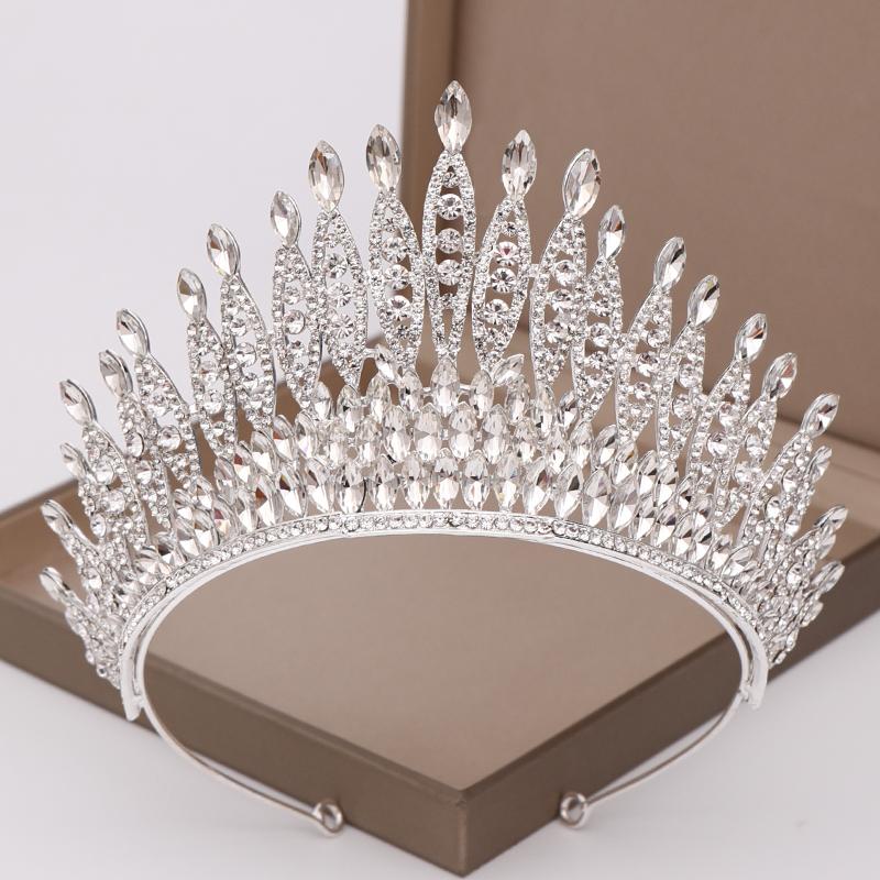 Trendy Silver Color Rhinestone Crystal Queen Big Crown Bridal Wedding Tiara Women Beauty Pageant Bridal Hair Accessories Jewelry