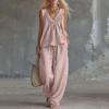 Women's Cotton Linen Two-Piece Outfit Set Sleeveless Top and Long Pants Casual Color