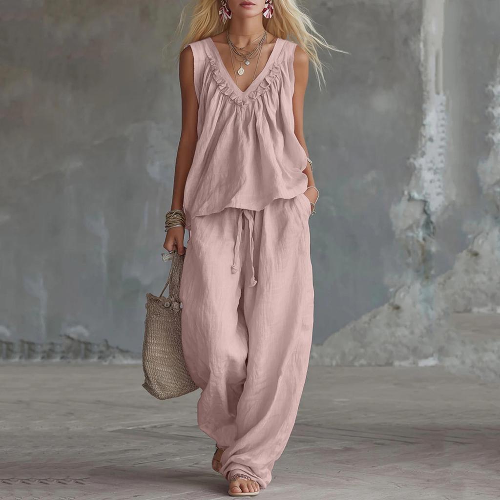 Women's Cotton Linen Two-Piece Outfit Set Sleeveless Top and Long Pants Casual Color