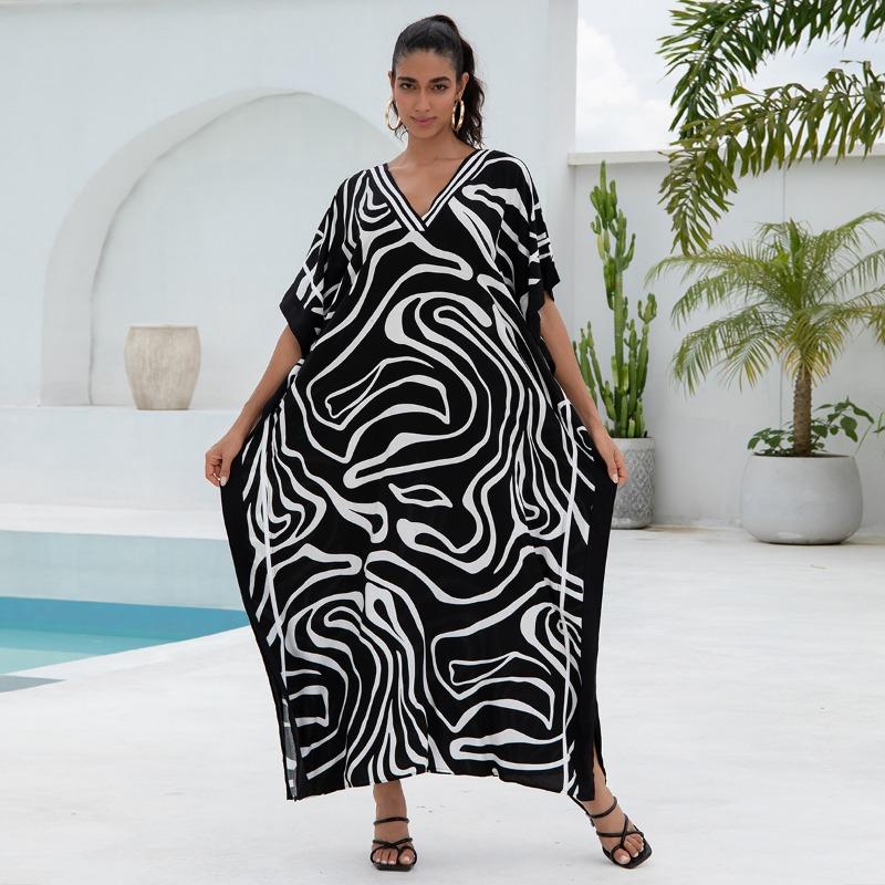 Women's Fashion Summer Spring Solid Color Print 1/2 Sleeves V-Neck Loose Waistline Casual Dresses