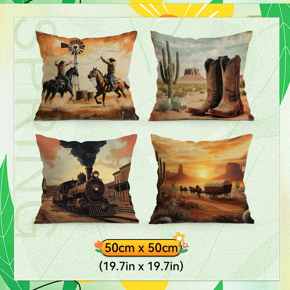 4 Stuks/Set Retro Cowboy Thema Kussens Kussensloop Polyester Kussenhoes Sierkussen Kussenhoes Huis Auto Sofa Decor Peach skin 60*60(CM)-4Pcs