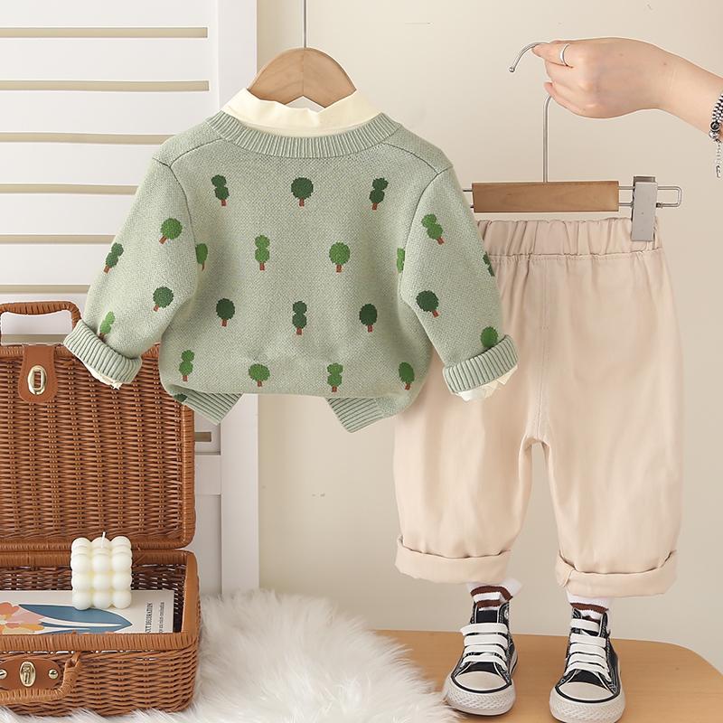 Boys' Long Sleeved 3-piece Set, Autumn and Winter Boys' Cartoon Printed Knitted Jacket, Casual Shirt+long Pants Set, High-quality Clothes