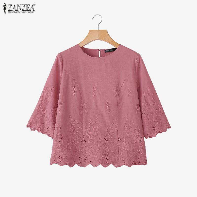 ZANZEA Women Casual Round Neck 3/4 Sleeve Embroidery Loose Blouse