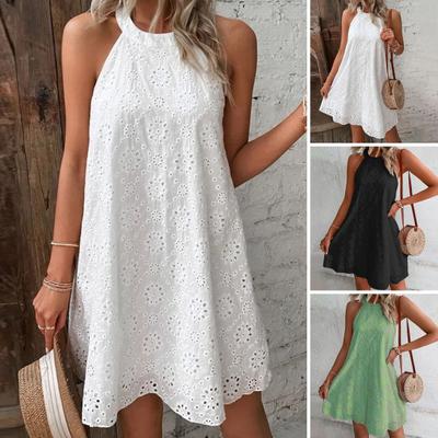 O-Neck Sleeveless Off Shoulder Beach Dress Solid Color Loose Hem Women Summer Casual Hollow Flower Halter Dress