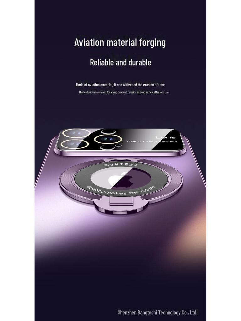 iPhone 15 Electroplated Bracket Case with Large Window, Frosted Design, Magnetic Suction, Anti-fall Protection