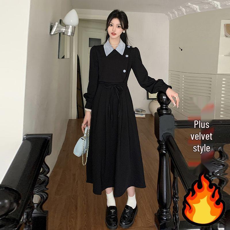 Plus Size French Velvet Campanula Two-Piece Autumn/Winter Dress - Waist-Cinched, Slimming Mid-Length.