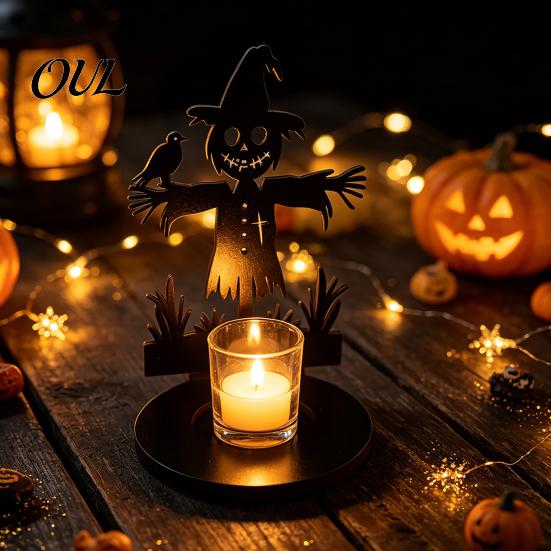 Anti Deformation Wood Base Halloween Wooden Shadow Candle Holder, Scarecrow Bat Black Cat Ghost Silhouette Artistic Table Ornament for Home