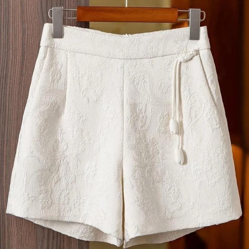 

Women s Black Jacquard Shorts High Waist Chinese Knot Decor Wide-Leg Casual Shorts S