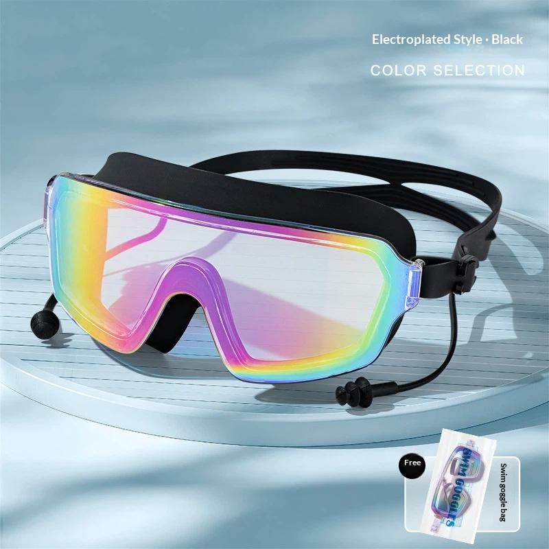 Large Frame Anti Fog Swim Goggles With Ear Plugs Panoramic Wide View Waterproof Swimming Glasses For Adults Pool Beach Water Spo