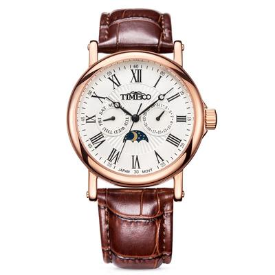 Time100 Saat Tarih Haftanın Günü Göstergesi Gösterge Japon Mekanizmalı Saat Ofis Çalışanı Yetişkin Kahverengi Deri Kayış Rose Gold Gün/Gece Erkek Erkek