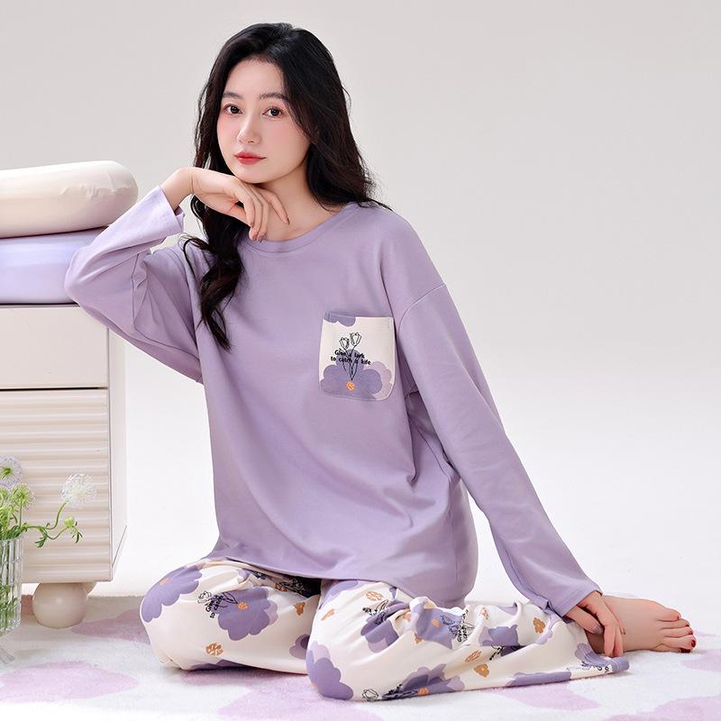 Women's Double-Sided Cotton Pajama Set: High-End, Skin-Friendly, Round Neck Pullover - Perfect for Home Wear