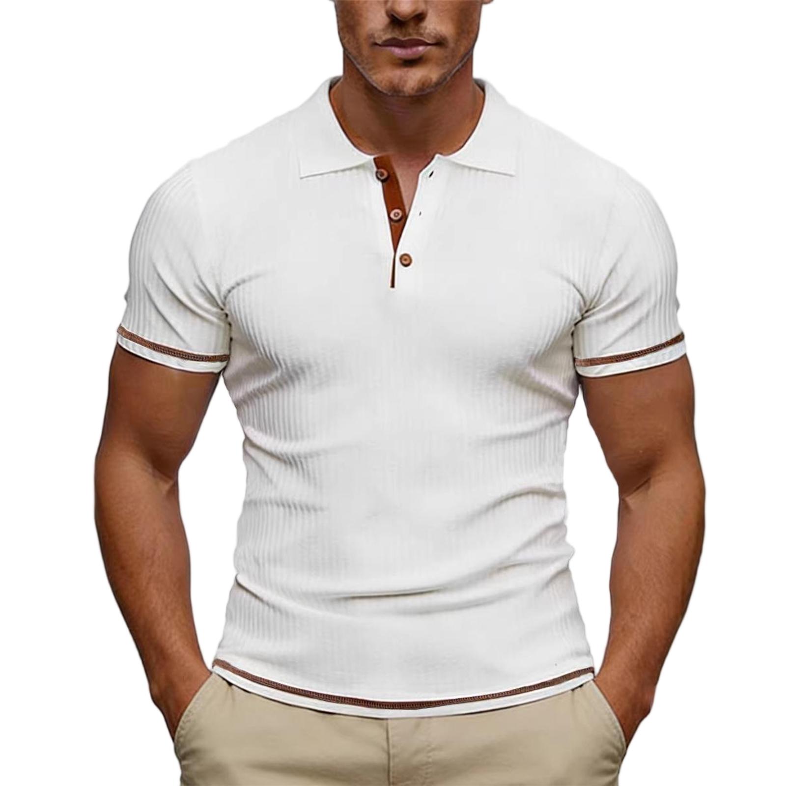

Men s Summer Casual V-Neck Ribbed T-Shirt Short Sleeve Color Tee Top For Holiday Outings L білий