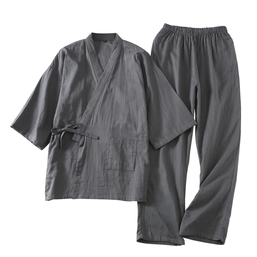 Komfort U Jinbei Samue Yukata Nattøy Bomullsgas Åpen Pustende og Kimono Topp og Bunn Loungewear for og Ensfarvet Mørkt Herresett, 100%