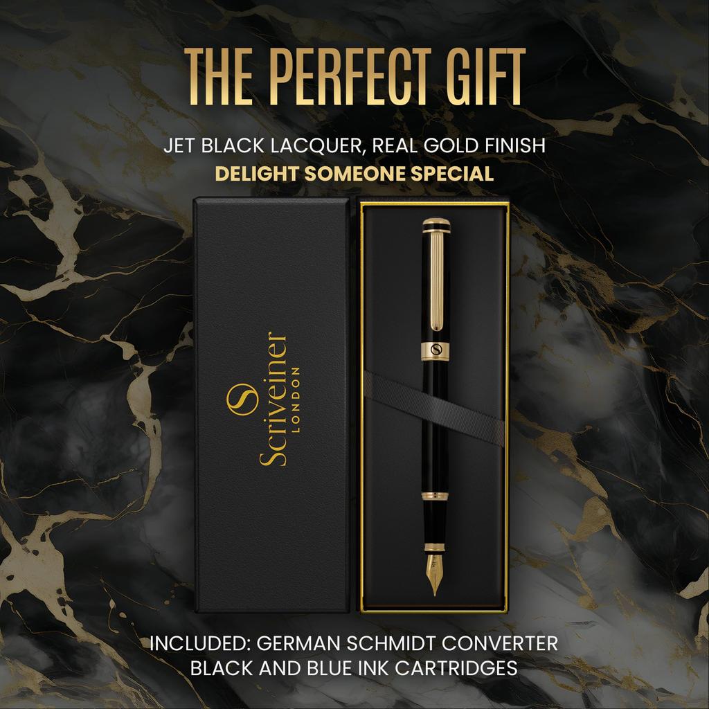 Scriveiner Luxury Fountain Pen Stunning Black Lacquer 24K Gold Finis - Pen,