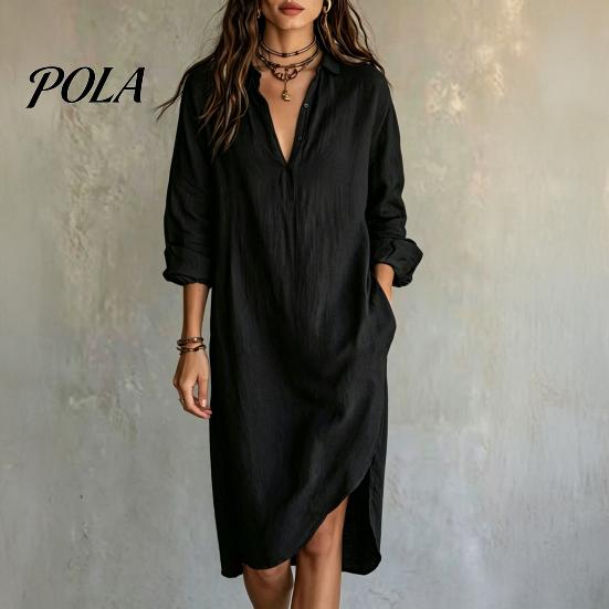 Modieuze Damesjurk Dames Zomer Midi Hemdjurk, Lange Mouwen V-hals Casual Zachte Stof Kraaglos Losse Tuniek Strandvakantie Zomerjurk met Zakken