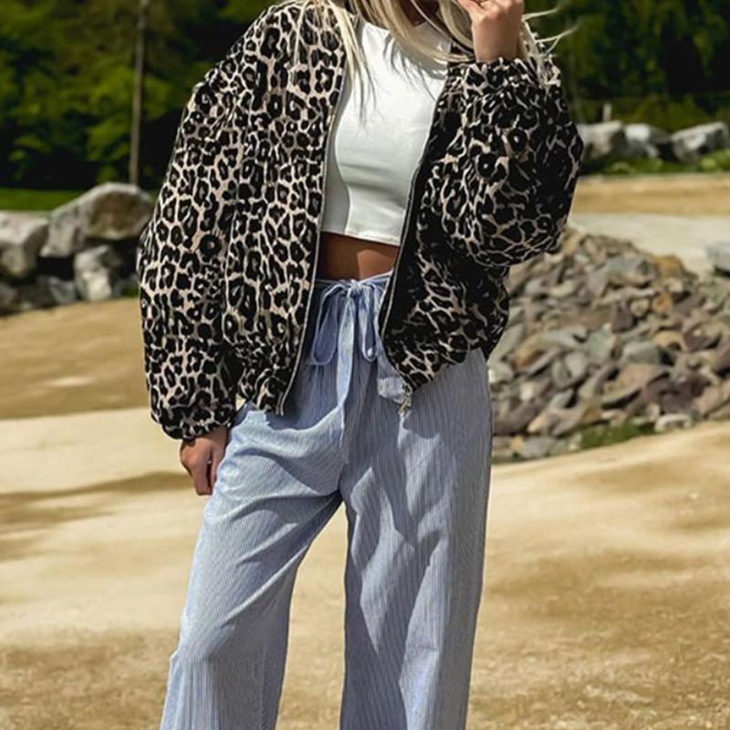 Modna Vintage Zamek Długi Rękaw Luźna Kurtka Kobiety Retro Okrągły Dekolt High Street Casual Płaszcz Nowy Design Panterka Kobieca Jesień Odzież Wierzchnia