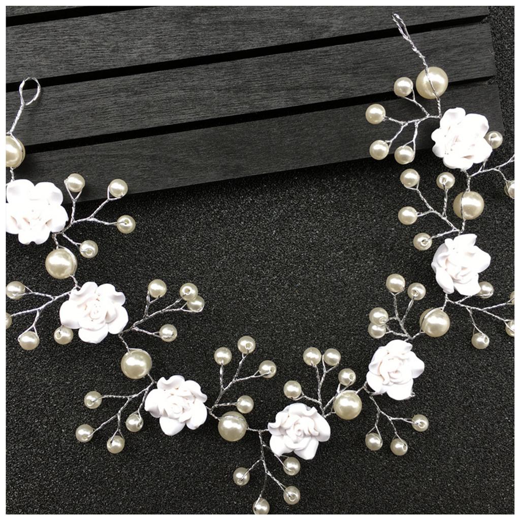 Bridal White Flower Headband Soft Ceramic Rose Headdress Pearls Hair Vine for Banquet Wedding Masquerade