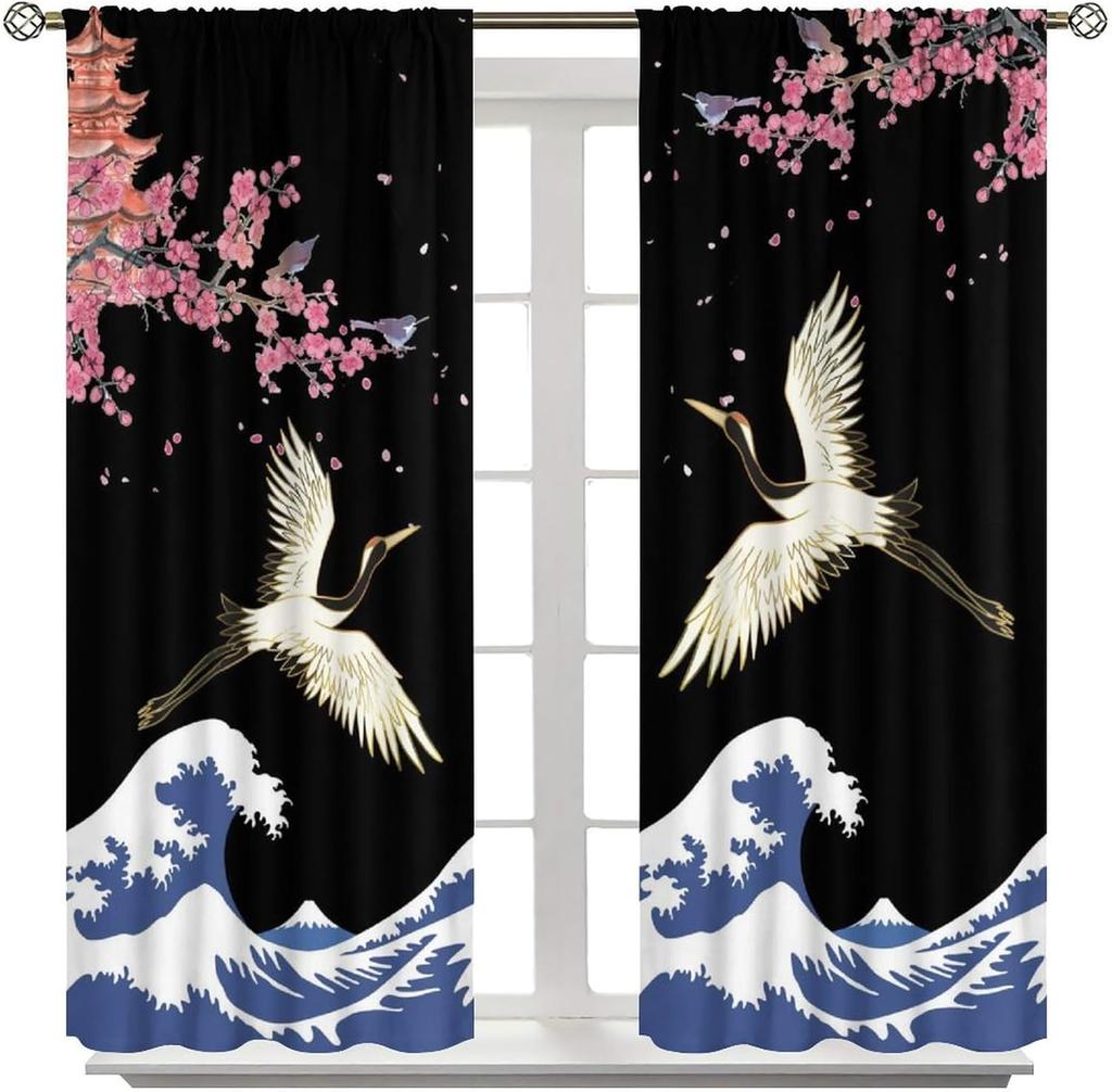 Japanese Style Cranes Curtain Asian Waves Traditional Chinese Cherry Blossom Printed Window Treatment Living Room Bedroom Ki For Area Polyester