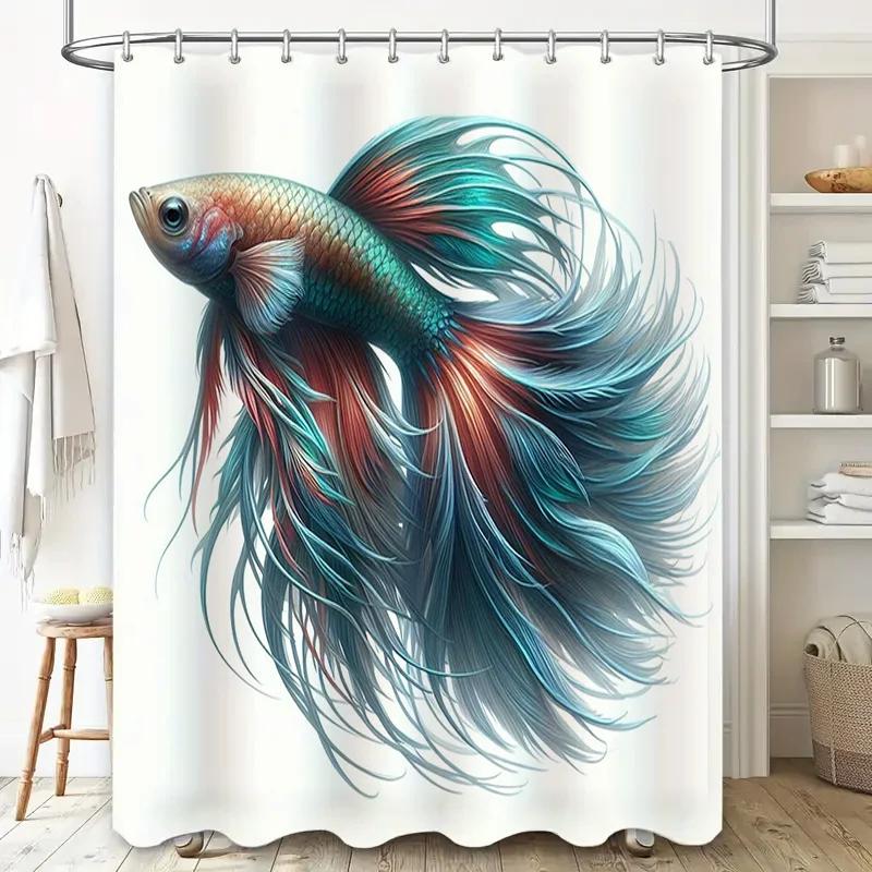 High-Quality Digital Printed Bath Curtains Betta Fish Shower Curtain for Bathroom Decor In Blue/Red Color Scales Waterproof Non