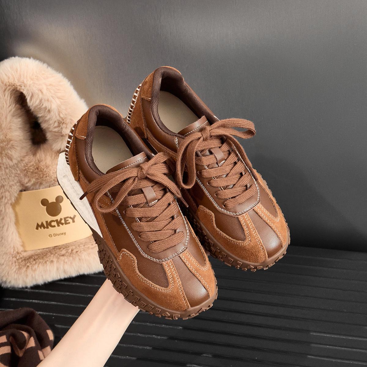 

Cowhide~ 7CM inner height increase German training shoes women s genuine leather spring and summer thick-soled gray small sports and leisure dad shoes 39