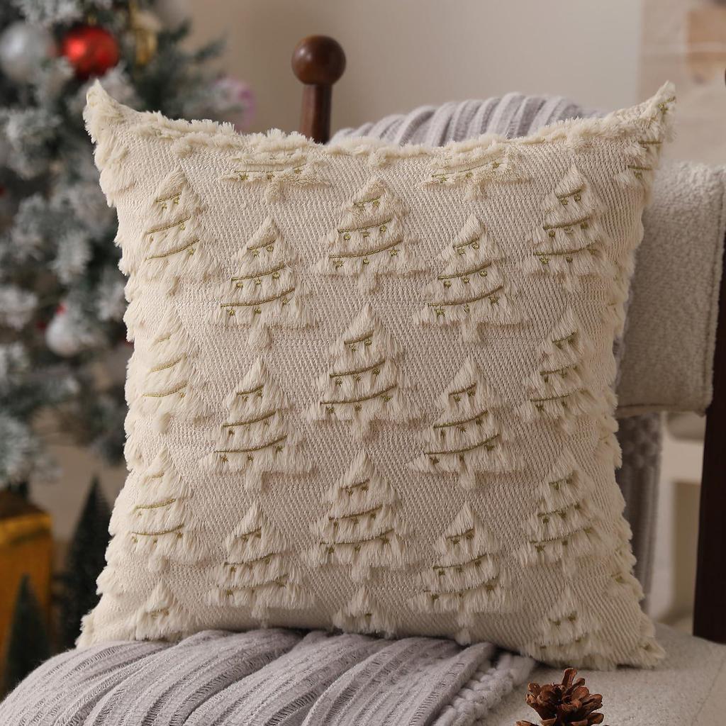 Christmas Tree Fleece Cushion Cover with Star Embroidery - Holiday Sofa Decoration Pillow Cover