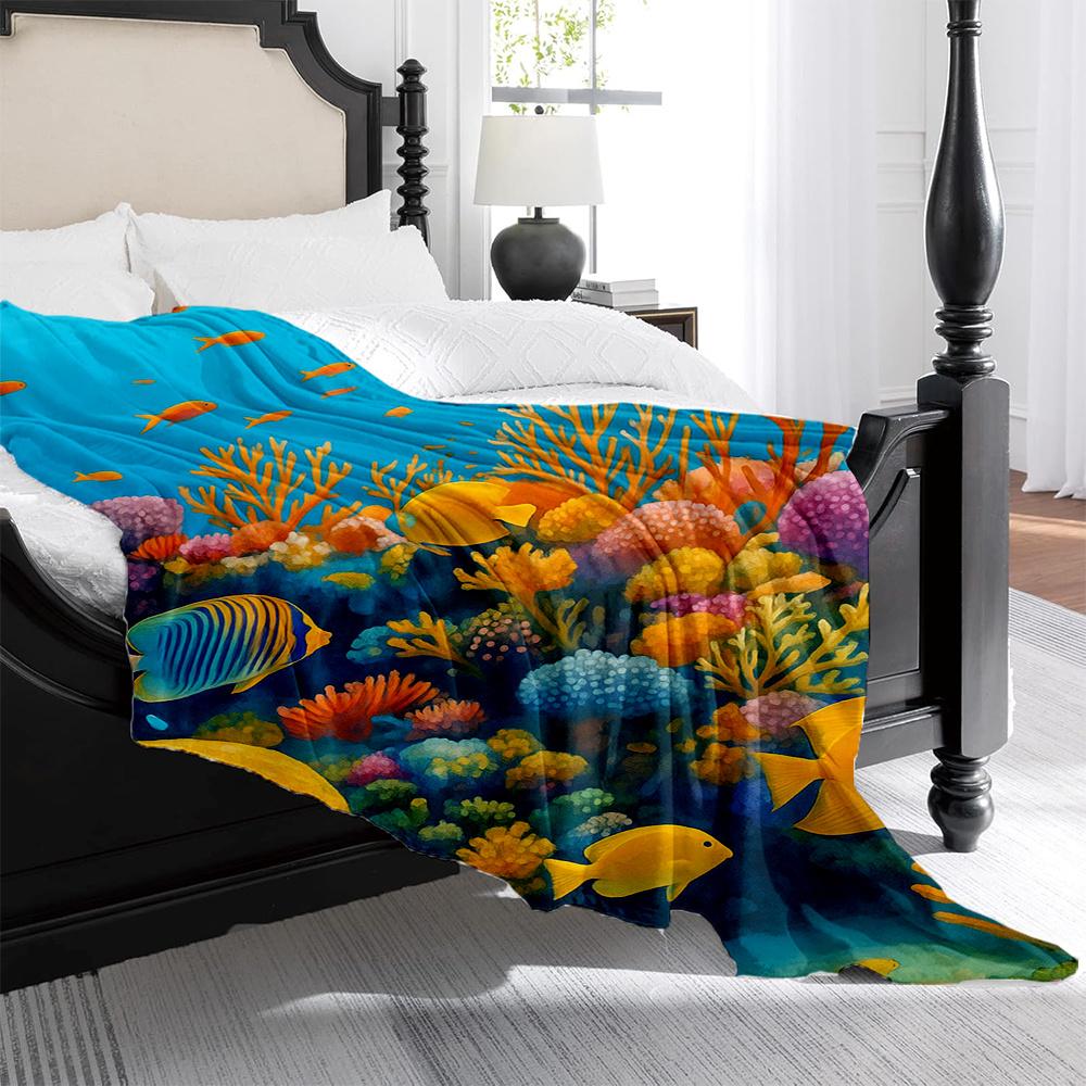 1pc Turquoise Blue Coral & Fish Fleece Blanket - Plush Thick Quilted-like Texture, Soft Warm All-Season Bedspread with Sea Life