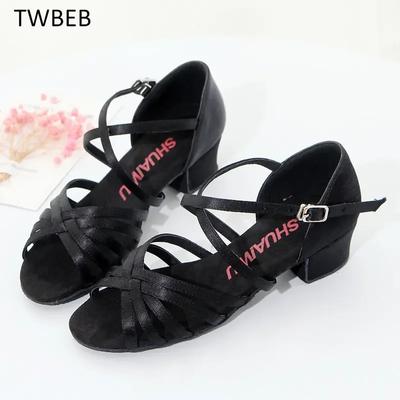 Dance Shoes Women Ballroom Children Latin Dance Shoes Satin Women Ladies Tango Dancing Shoes Salsa Sandal Low Heels