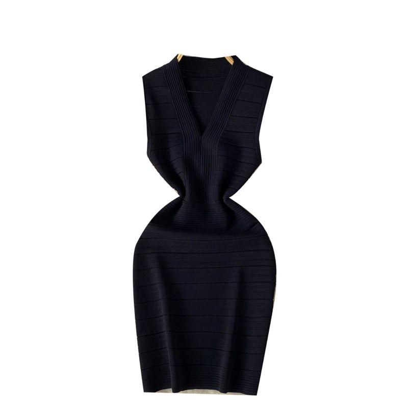 Adult Lady Like Woman Elegance Sleeveless Vest Dress Women's Stylish V Neck Elastic Slim Fit Slimming Sheath Bottom Knitted Dress