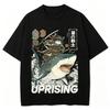 Cotton Funny Samurai Cat Riding Shark Graphic T Shirt Ocean Wave Trendy Art Print Unisex Crew Neck Short Sleeve Streetwear Tee