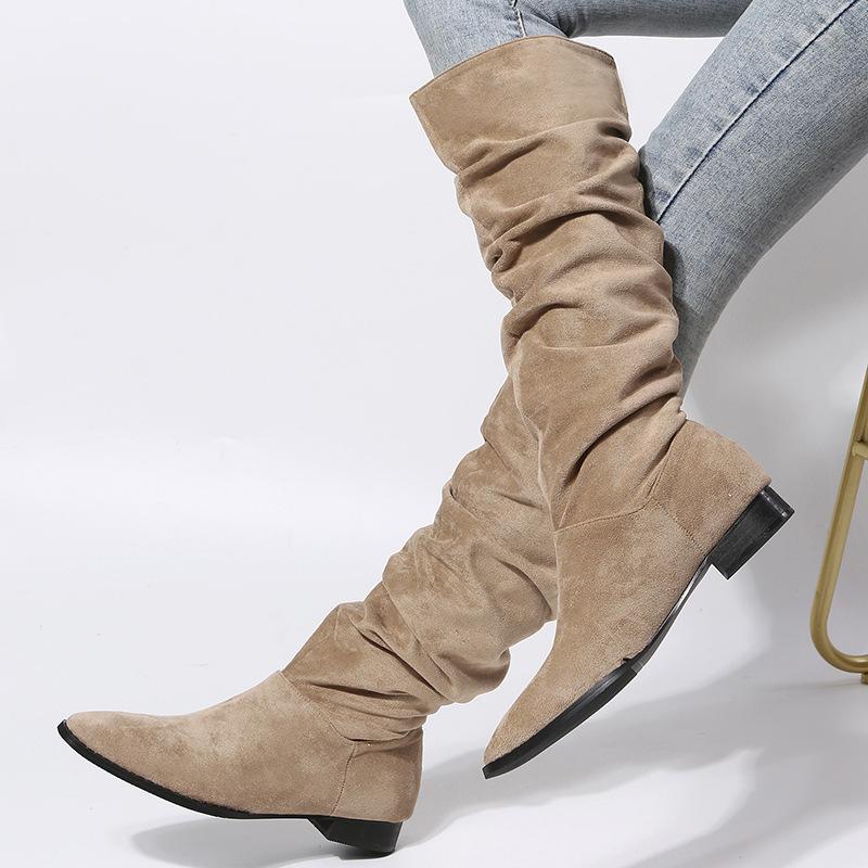 

Retro suede knight boots women s new thick heel round head tall boots brown pleated pile boots 43