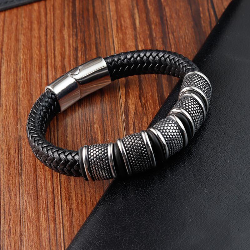 

Fashion Men s Stainless Steel Bracelet Multi-layer Combination Cross Design Leather Bangles for New Year Gifts Male Jewelry 21cm