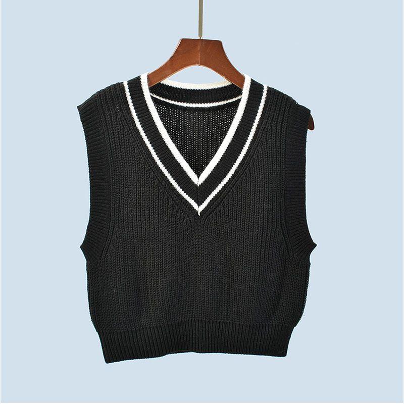 V Neck Sleeveless Short Color Matching Bandage Dress Preppy Style Knitting Sweater Export Quality Vest Jacket Women's Inner