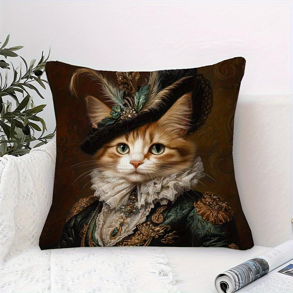 Panika Chen Unisex Orange 1Pc Victorian Gentleman Cat Pillow Cover, Polyester 2D Double-Sided Print, Regal Tabby Cat In Baroque Attire, Cat Lover H