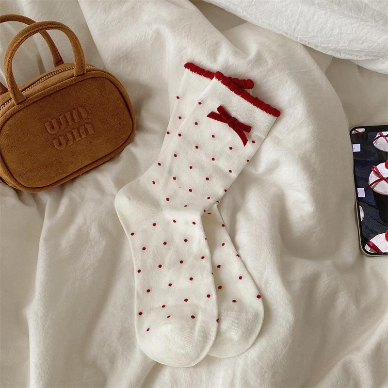 

Милые красные носки с бантом, женские носки до середины икры в горошек для осени и зимы, новогодние рождественские длинные носки в новогоднем стиле 1 pair