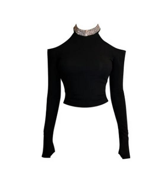 

Luxury Black Off-Shoulder Slim-Fit Top with Rhinestones Large чорний