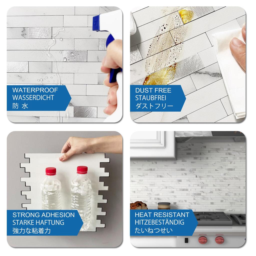 MOFIT 3D Fliseklistremerker for og Vanntette DIY Veggklistremerker og 5 Marmorlignende Kjøkken, Bad, Bad, (Hvit Sølv, Paneler)