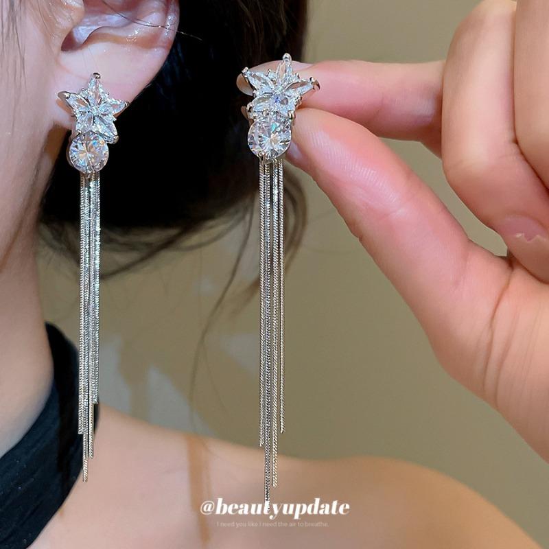 18k real gold electroplated silver needle zircon star fringed stud earrings niche high-end earrings simple temperament earrings women