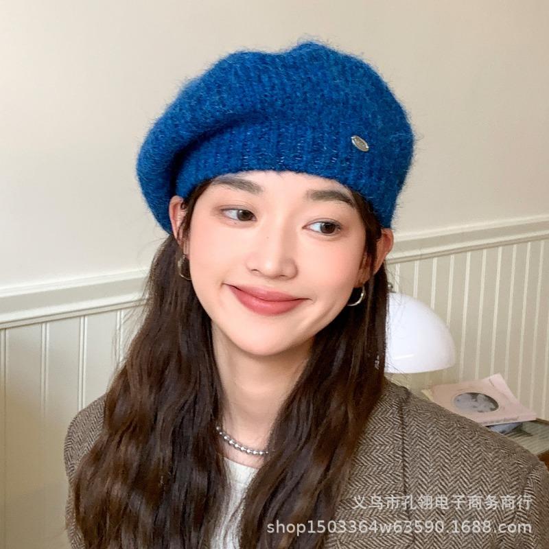 Women S Solid Color Warm Beret Hat For Autumn Winter Slim Face Look Vintage Style