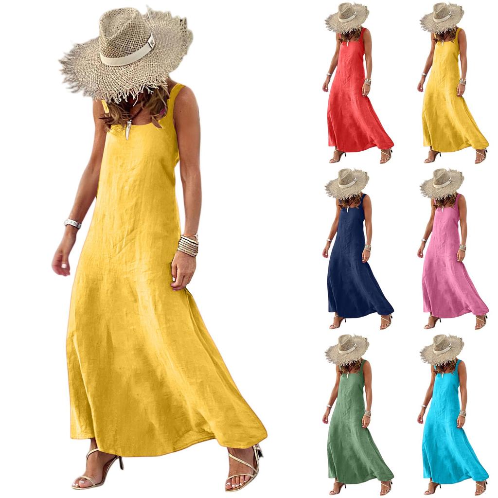Fashion Women's Color Cotton And Linencasual Loose Vest Dress