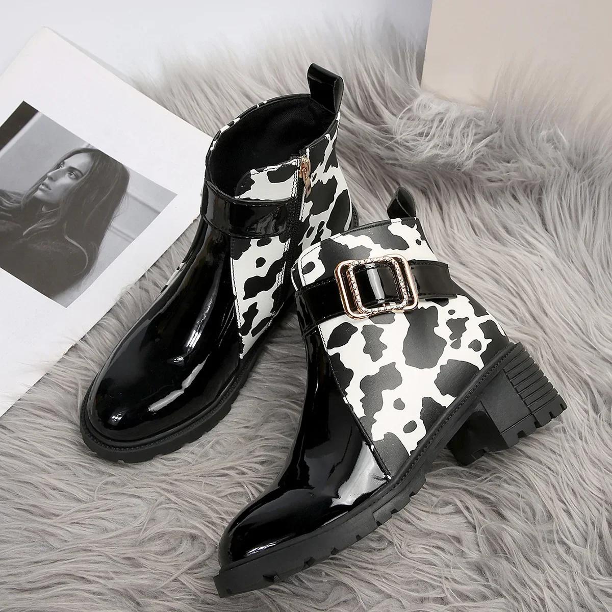 

Модные женские ботильоны с круглым носком и пряжкой на ремне, весна-осень, новые кожаные ботинки с леопардовым принтом, женские модные короткие ботинки на высоком каблуке 39