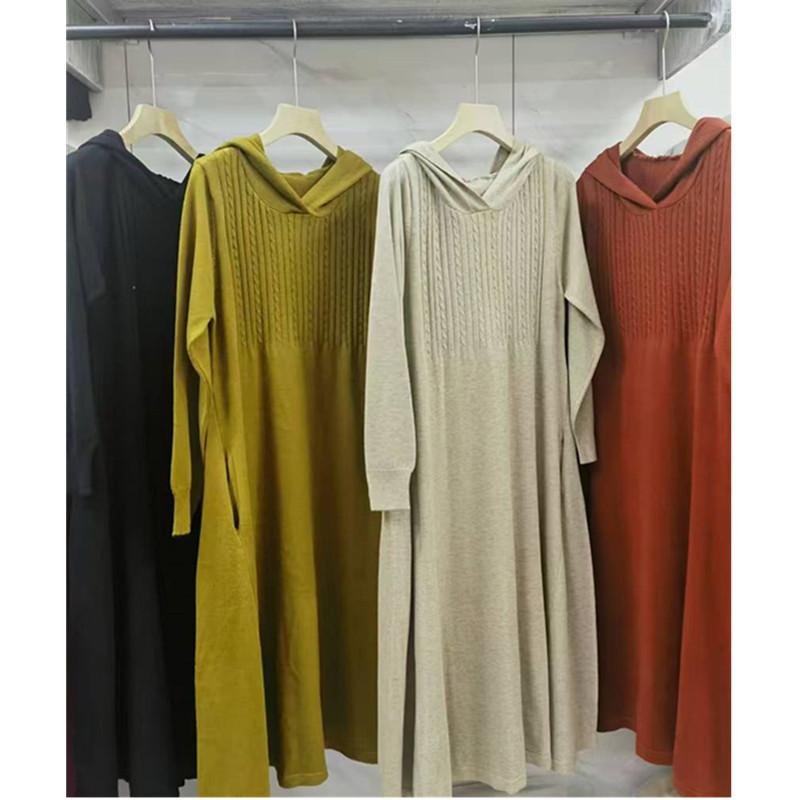 Large Size Long Hooded Fashion Versatile Knee Knitted Sweater Dress Autumn and Winter New High-end Age-reducing Sweater Women