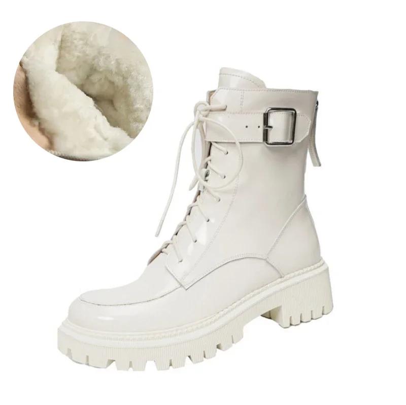 Fashion NEW Winter Women Boots Patent Leather Shoes for Women Round Toe Chunky Heel Shoes Wool Warm Snow Boots Platform Motorcycle Boots
