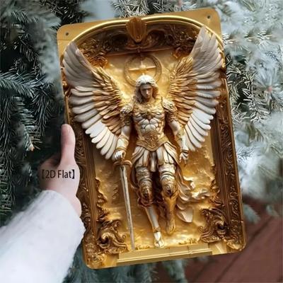 Golden Archangel Michael Intricate Aluminum Wall Art  Angelic Warrior with Halo  Sword Durable Metal Home Decor